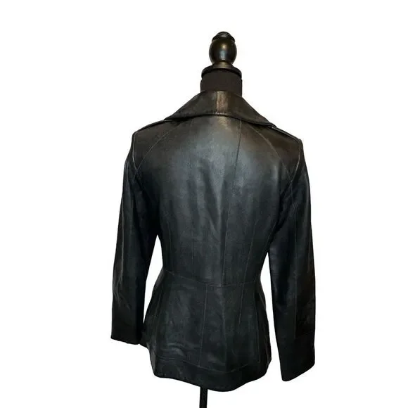 COLE HAAN Wing Collar Black Lambskin Leather Jacket Size 4 - Picture 4 of 17